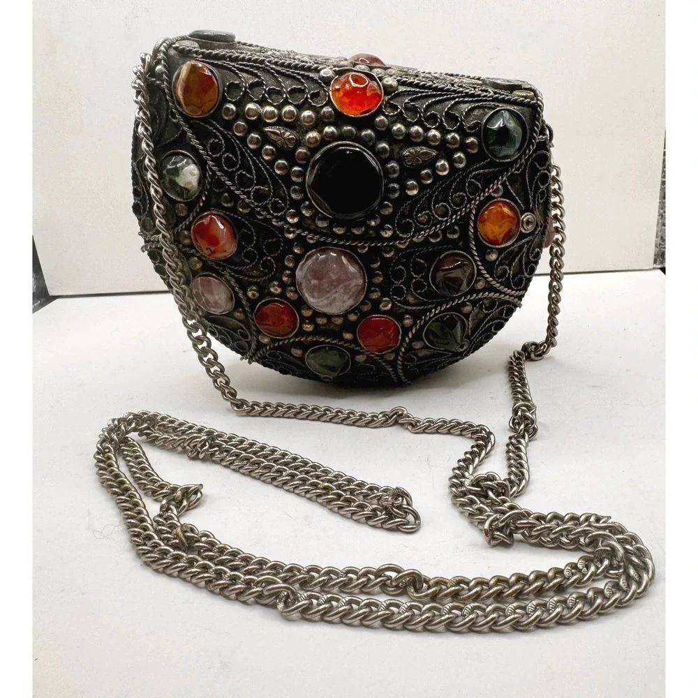 Vintage Sajai handmade metal filigree with precious stones inlay & chain strap